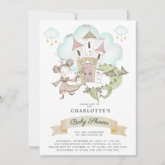 Waterverf Castle Princess Dragon Baby shower Kaart (Voorkant)