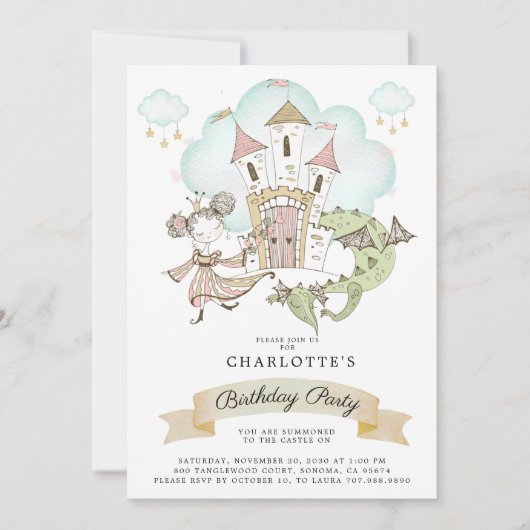 Waterverf Castle Princess Dragon Girl's Birthday Kaart (Voorkant)