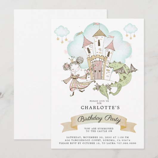 Waterverf Castle Princess Dragon Girl's Birthday Kaart (Voorkant / Achterkant)