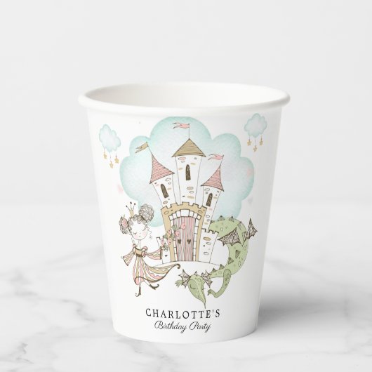 Waterverf Castle Princess Dragon Girl's Birthday Papieren Bekers (Voorkant)