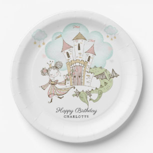 Waterverf Castle Princess Dragon Girl's Birthday Papieren Bordje
