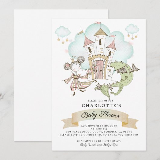 Waterverf Castle Princess Dragon Uitnodiging (Voorkant / Achterkant)