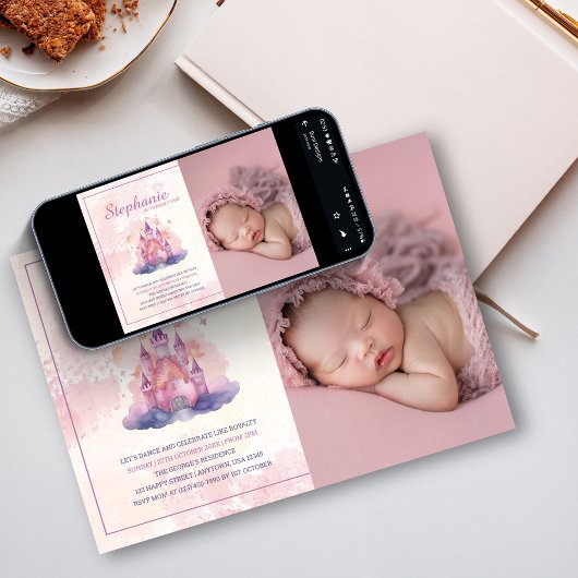 Waterverf Castle Roze Babygirl 1e Verjaardag Foto Kaart