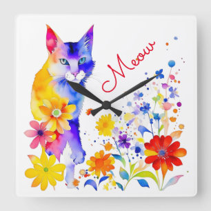 Waterverf Cat and Flowers Meow Vierkante Klok