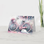 Waterverf Cat en Pink Bike Verjaardag Kaart (Voorkant)