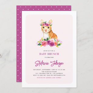 Waterverf Cat Floral Pink Baby shower Brunch Kaart