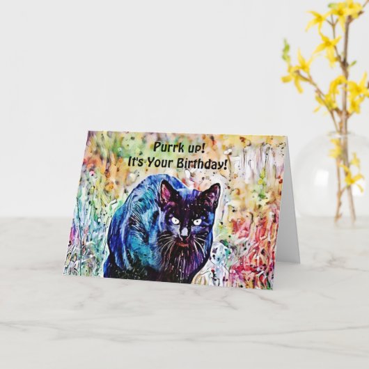 Waterverf Cat Funny Puns Birthday Kaart (Gele Bloem)