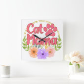 WATERVERF CAT MAMA GEZEGDE MET BLOEMEN VIERKANTE KLOK (Huis)