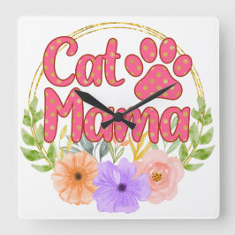 WATERVERF CAT MAMA GEZEGDE MET BLOEMEN VIERKANTE KLOK
