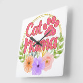 WATERVERF CAT MAMA GEZEGDE MET BLOEMEN VIERKANTE KLOK (Hoek)