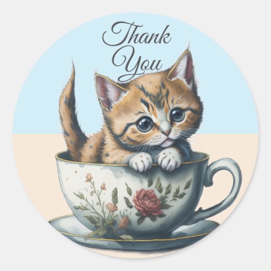 Waterverf Cat of Kitten in een Teacup bedankt Ronde Sticker (Voorkant)