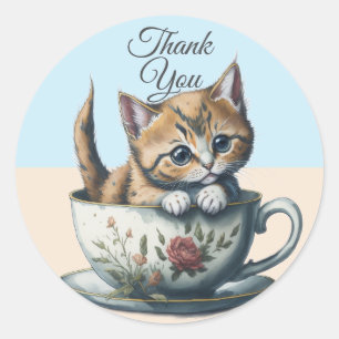 Waterverf Cat of Kitten in een Teacup bedankt Ronde Sticker