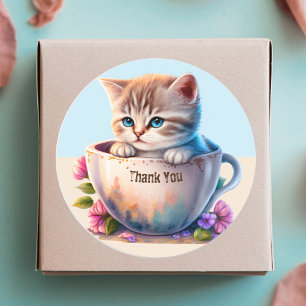 Waterverf Cat of Kitten in een Teacup bedankt Ronde Sticker
