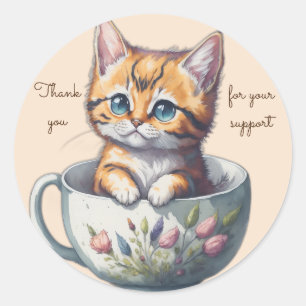 Waterverf Cat of Kitten in een Teacup bedankt Ronde Sticker