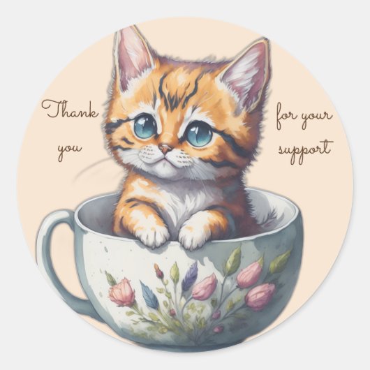 Waterverf Cat of Kitten in een Teacup bedankt Ronde Sticker (Voorkant)