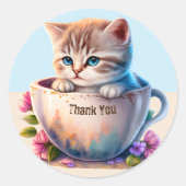 Waterverf Cat of Kitten in een Teacup bedankt Ronde Sticker (Voorkant)