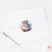Waterverf Cat of Kitten in een Teacup bedankt Ronde Sticker (Envelop)
