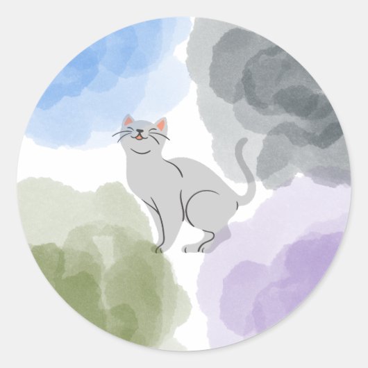 Waterverf Cat Ronde Sticker (Voorkant)