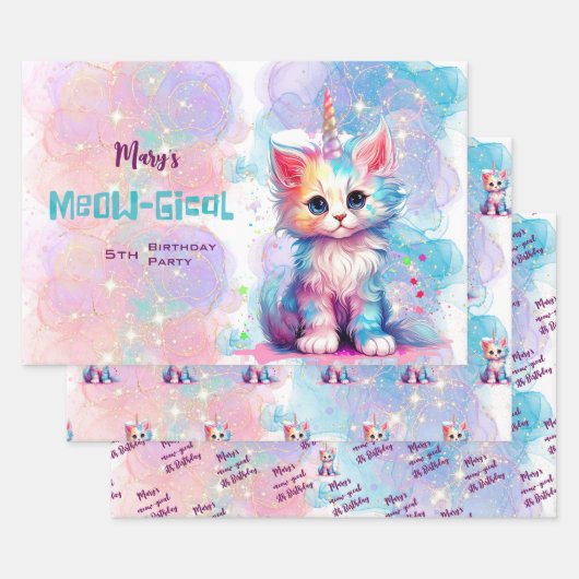 Waterverf Caticorn Meow-Gical Verjaardag Inpakpapier Vel (Set)