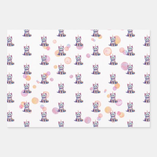 Waterverf Caticorn Meow-Gical Verjaardag Inpakpapier Vel (Voorkant 2)