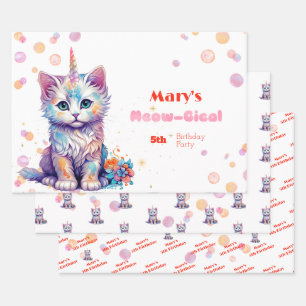 Waterverf Caticorn Meow-Gical Verjaardag Inpakpapier Vel
