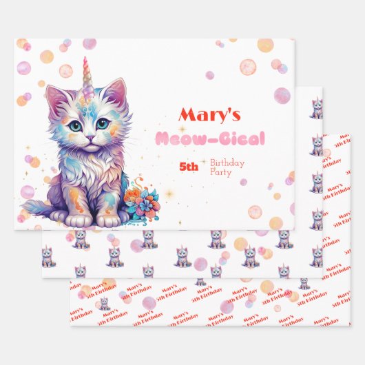 Waterverf Caticorn Meow-Gical Verjaardag Inpakpapier Vel (Set)