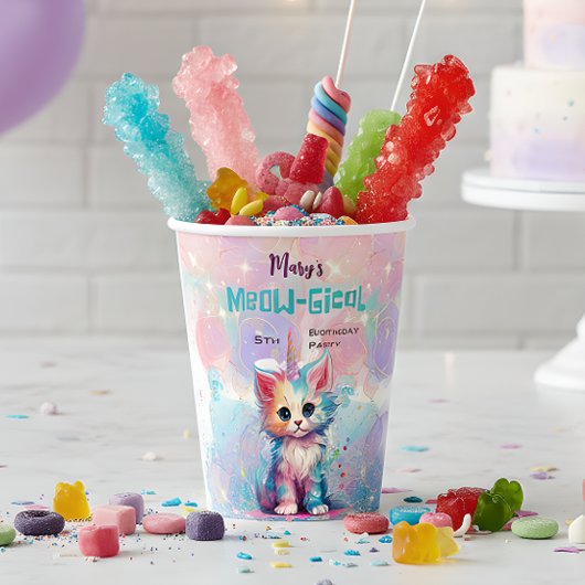 Waterverf Caticorn Meow-Gical Verjaardag Papieren Bekers
