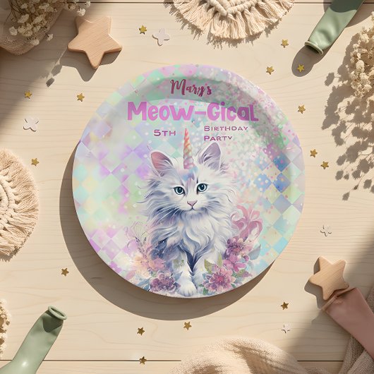 Waterverf Caticorn Meow-Gical Verjaardag Papieren Bordje