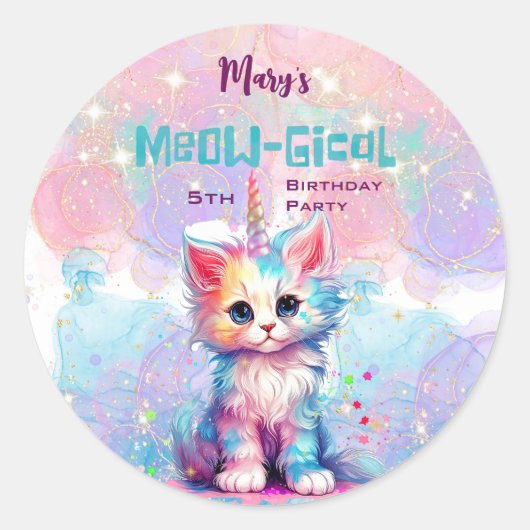 Waterverf Caticorn Meow-Gical Verjaardag Ronde Sticker (Voorkant)