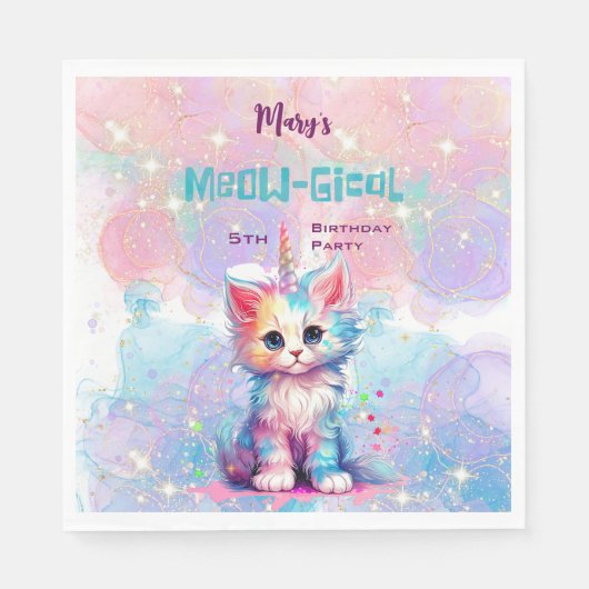 Waterverf Caticorn Meow-Gical Verjaardag Servet (Voorkant)