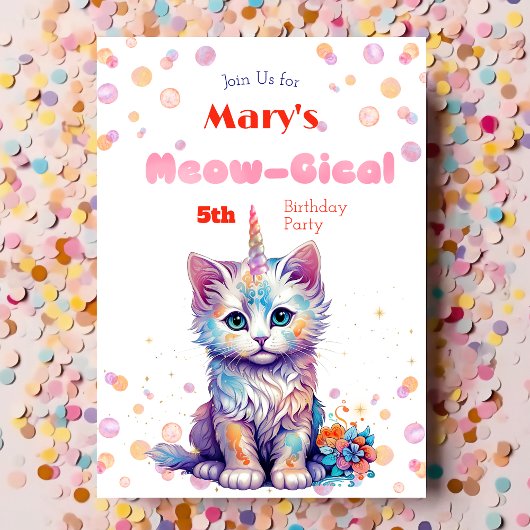 Waterverf Caticorn Meow-Gical Verjaardagsuitnodigi Feestdagenkaart
