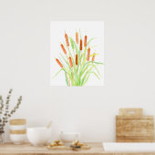 Waterverf Cattail (Typha), spruw, zaadkoppen Poster (Keuken)