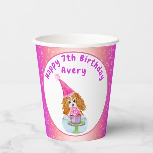 Waterverf Cavalier King Charles Cupcake Birthday Papieren Bekers (Voorkant)