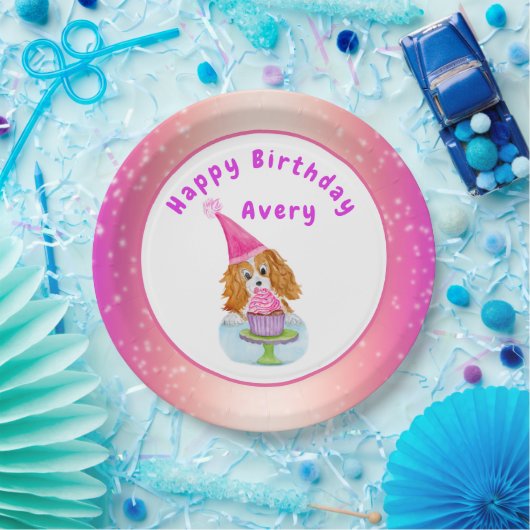 Waterverf Cavalier King Charles Cupcake Birthday Papieren Bordje (Feest)