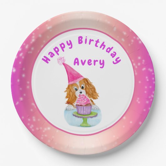 Waterverf Cavalier King Charles Cupcake Birthday Papieren Bordje (Voorkant)