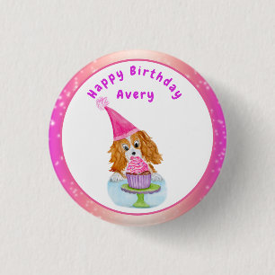 Waterverf Cavalier King Charles Cupcake Birthday Ronde Button 3,2 Cm