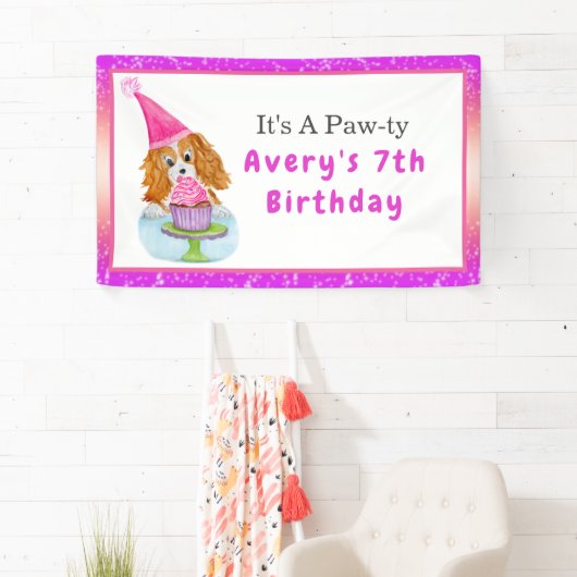 Waterverf Cavalier King Charles Cupcake Birthday Spandoek (Insitu)