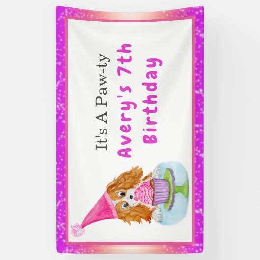 Waterverf Cavalier King Charles Cupcake Birthday Spandoek (Verticaal)