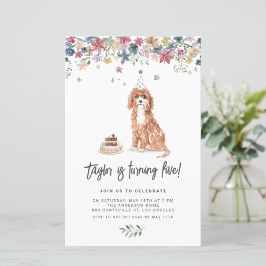 Waterverf Cavapoo Dog Birthday Party Invitation (Staand voorkant)