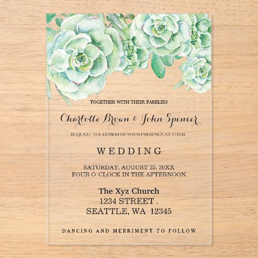 waterverf celadon succulent bruiloft acryl uitnodigingen (Voorkant)