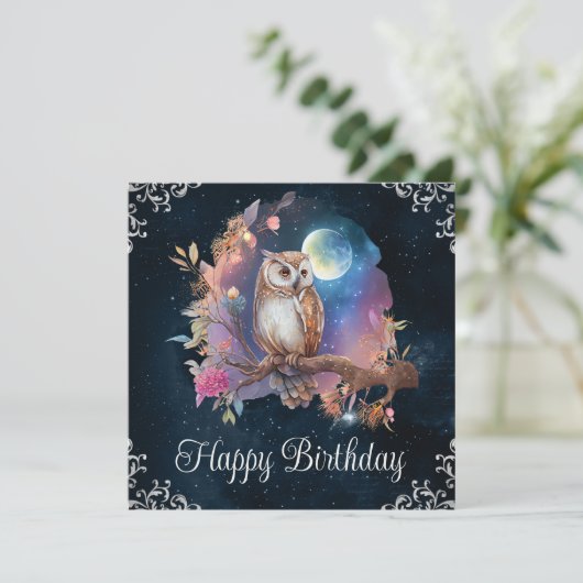  Waterverf Celestial Fantasy Owl Birthday Kaart (Staand voorkant)