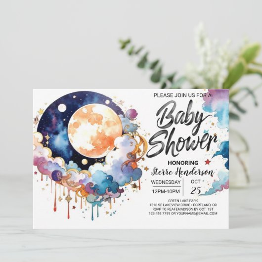 Waterverf Celestial Soiree Baby shower Kaart (Staand voorkant)