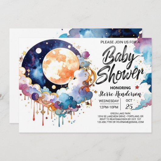 Waterverf Celestial Soiree Baby shower Kaart (Voorkant / Achterkant)