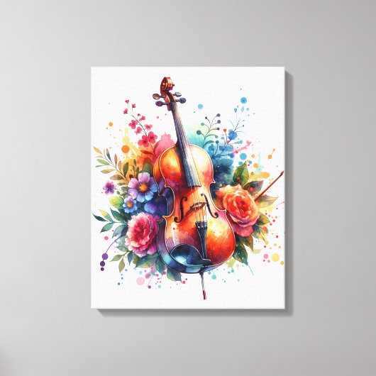 Waterverf Cello en Bloemen Canvas Afdruk (Voorkant)