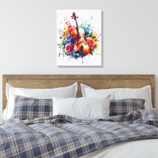 Waterverf Cello en Bloemen Canvas Afdruk (Insitu (Slaapkamer))