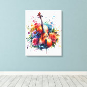 Waterverf Cello en Bloemen Canvas Afdruk (Insitu (Houten vloer))