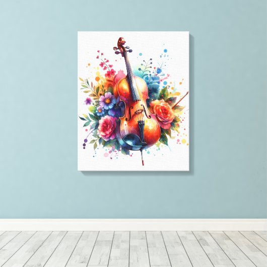 Waterverf Cello en Bloemen Canvas Afdruk (Insitu (Houten vloer))