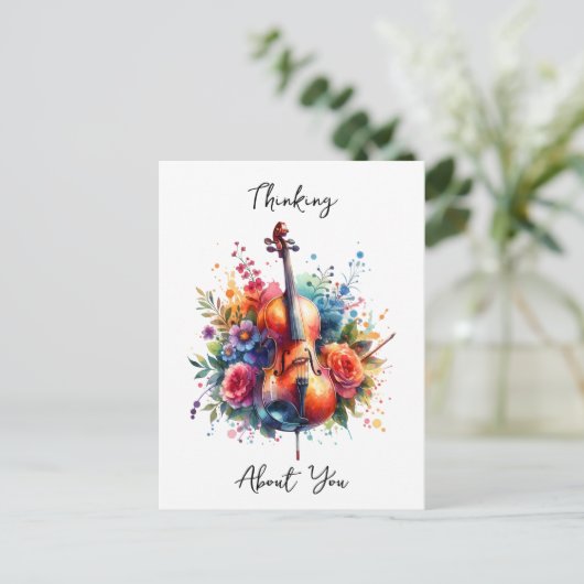 Waterverf Cello en Bloemen Denken Over U Briefkaart (Staand voorkant)