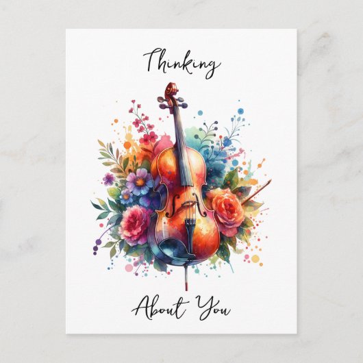 Waterverf Cello en Bloemen Denken Over U Briefkaart (Voorkant)