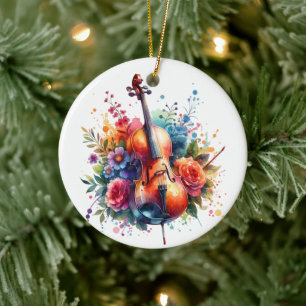 Waterverf cello en bloemen gepersonaliseerd keramisch ornament